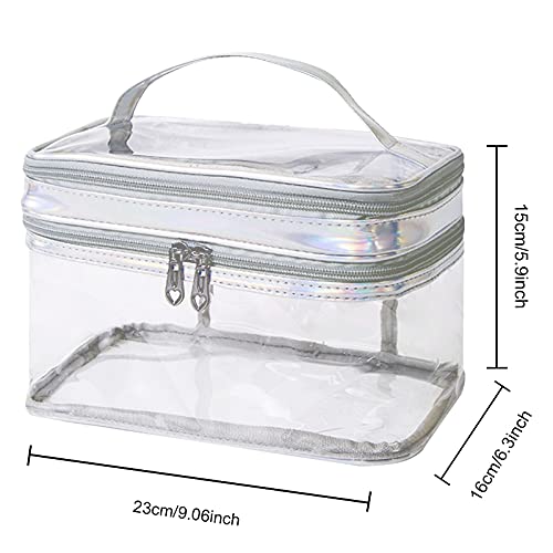 Clear Cosmetic Bag Dual Layer Travel Toiletry Bags Make up Organizer Waterproof Brushes Holder - color: Silver