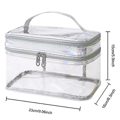 Clear Cosmetic Bag Dual Layer Travel Toiletry Bags Make up Organizer Waterproof Brushes Holder - color: Silver