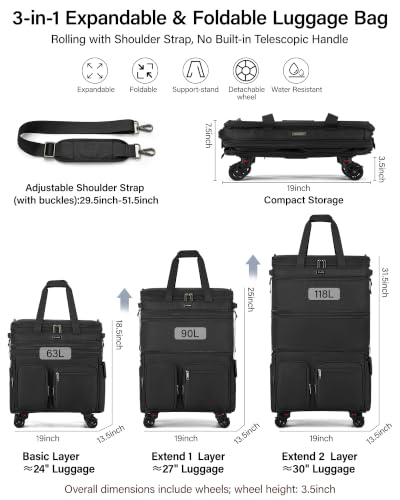 MILADA Expandable Luggage Bags for Travel Large Suitcases with Wheels - color: Black