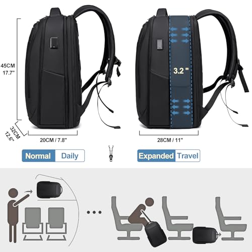 FENRUIEN Expandable Travel Backpack 15.6 Inch, Water Resistant Backpack with USB Charging Port, Black Laptop Bag for Work/Commuter/College - size: Expandable