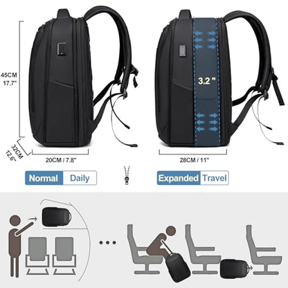 FENRUIEN Expandable Travel Backpack 15.6 Inch, Water Resistant Backpack with USB Charging Port, Black Laptop Bag for Work/Commuter/College - size: Expandable