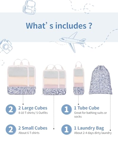 Narwey Compression Packing Cubes for Travel, Cute Luggage Organizer Bags - color: Y-Blue Leaf