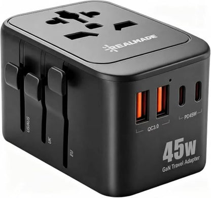 Realmade 45W GaN PD Travel Adapter 5-Port EU UK US AU Plug Black - color: Black, size: 45W