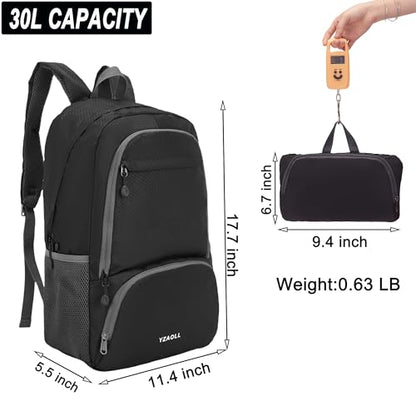 30L Hiking Backpack Lightweight Day Packs, Packable Backpack for Women Men - color: E-black