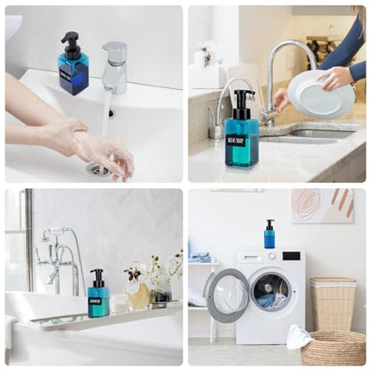 Segbeauty Plastic Square Foam Pump Bottle Refillable 15.2oz, 2pcs Empty Foaming Soap Dispenser Bathroom, Blue Foaming Pump Bottles with Label Stickers, Refillable Foam Soap Dispenser for Kitchen 450ml - color: Blue, style: 2pcs 15.2oz