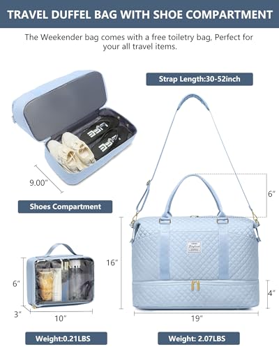 Travel Weekender Duffle Bag for Women: Overnight Bags with Shoe Compartment - color: 9-Light Blue, size: Large