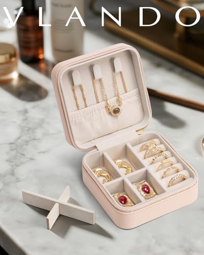 VLANDO Travel Jewelry Case, Compact Design, Necklace Hook, Anti-Tangle - color: K.Nude Pink