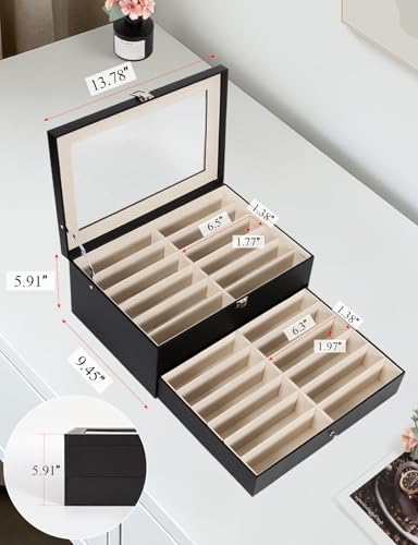Sunglasses Storage Organizer Case with 24 Adjustable Slots, 2 Layer Multi Eyeglass Glasses Display Box with Lid Women - color: Black,24 Slots
