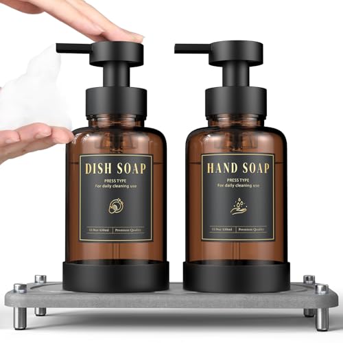 Luxspire 15oz Glass Foaming Soap Dispenser Set, Amber + Dark Gray, 2 Pack - color: Brown