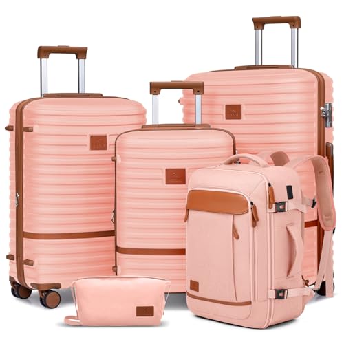 Joyway Expandable Luggage Sets 5 Piece, Lightweight Hard Shell Travel Suitcase Set with Spinner Wheels and TSA Lock (5 piece set，Pink) - color: Pink, size: 5 piece set