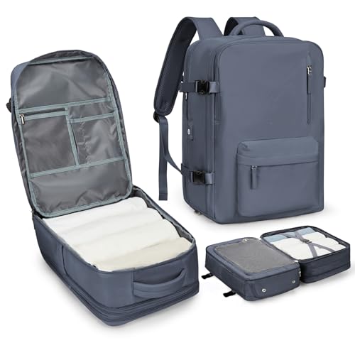 WONHOX Large Travel Laptop Backpack Expandable Flight Approved Backpack Carry on Backpack for Women Men Waterproof 17inch Laptop Daypack Hiking Work Backpack with Shoe Compartment Grey Blue - color: A4-greyblue