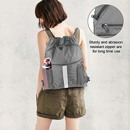 BeeGreen Drawstring Backpack Bag with Shoe Compartment, X-Large Black Gym Sports String Cinch Backpack - color: Grey