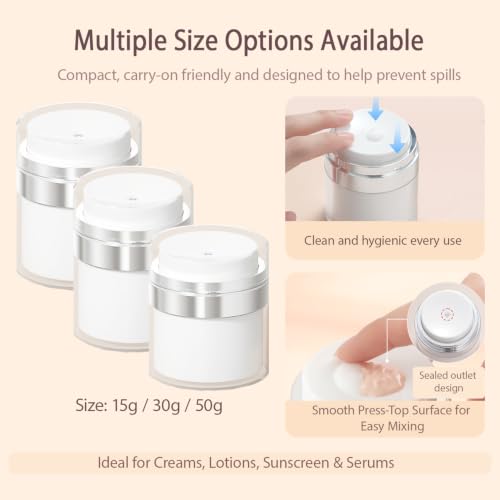 Airless Pump Jar - Refillable Travel Size Containers for Toiletries, Leak Proof Vacuum Lotion Dispenser for Moisturizer, Cream & Skincare, TSA Approved Travel Bottles Set (15/30/50ml) - size: 15ml+15ml
