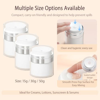 Airless Pump Jar - Refillable Travel Size Containers for Toiletries, Leak Proof Vacuum Lotion Dispenser for Moisturizer, Cream & Skincare, TSA Approved Travel Bottles Set (15/30/50ml) - size: 15ml+15ml