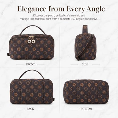 YTL Travel Makeup Bag, Puffer Cosmetic Organizer Bags, Women Toiletry Case - color: Coffee Flower Puffer