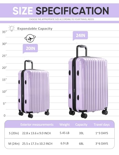 Expandable Checked Luggage Suitcase with Wheels - color: Lilac, size: M(24 In)