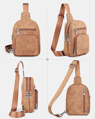 FADEON Sling Bags for Women Crossbody Bag, Designer PU Leather Sling Purse - color: Camel Brown Nubuck Style, size: Small