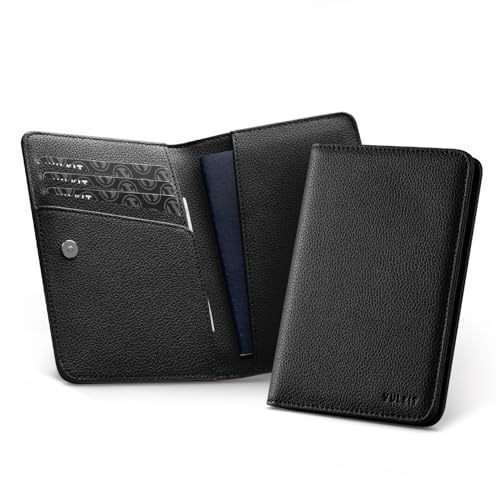 VULKIT Passport Holder Magnetic Closure RFID Blocking Travel Wallet Passport Book Cover Boarding Pass Holder Travel Essentials - color: Grain Black