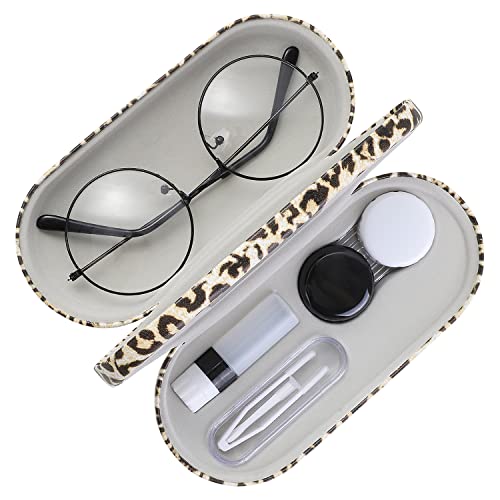 MoKo Double Eyeglass Case,Glasses and contact case 2 in 1 with Mirror - color: Leopard