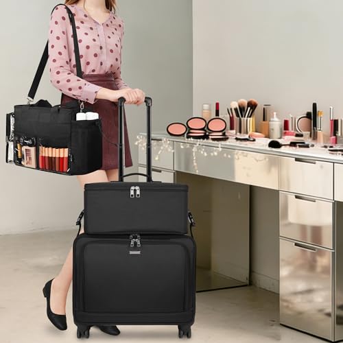 TANTO Rolling Makeup Bag, Pro Makeup Artist Bag with 7 Pouch & Tote Bag - color: 03-Black（3 in 1）