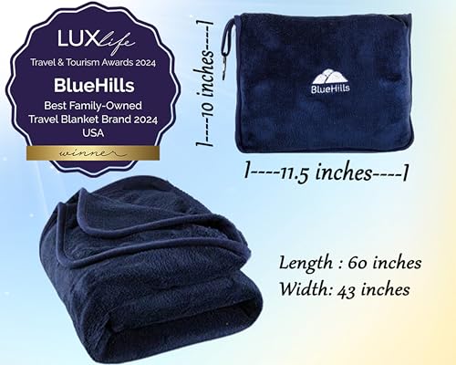 BlueHills Premium Soft Travel Blanket Pillow Airplane Compact - Navy Blue | Convertible 2 in 1 Travel Blanket to Pillow, Packed in Pillowcase, Luggage Strap & Carabiner, Compact, Long Flight Essentials - color: Navy-1pk-t002