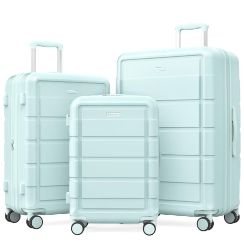 SHOWKOO G-Series Luggage set 3pcs, 100% PC Durable Hardshell Suitcase - color: Mint Green, size: 3-Piece Set (20/24/28in)