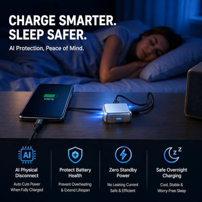 140W Smart Auto Stop Charging Adapter, USB-C Fast Charger with Physical Cut-Off, Automatic Power-Off Timer for Phone, Tablet & All USB Devices, Prevents Overcharging, Extends Battery Life