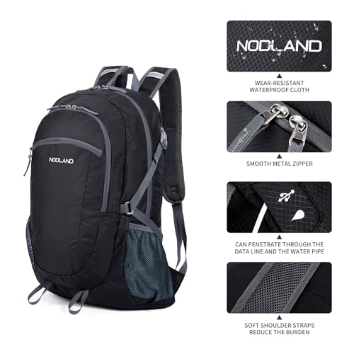 NODLAND Light Weight Packable Backpack for Travel Hiking 45L Foldable Water-Resistant Daypack Hydration Rucksack - color: Black, size: Medium 45L