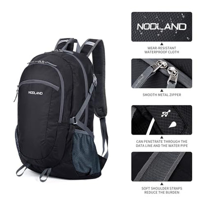 NODLAND Light Weight Packable Backpack for Travel Hiking 45L Foldable Water-Resistant Daypack Hydration Rucksack - color: Black, size: Medium 45L