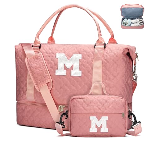 WOOMADA Initial Duffle Bag with Shoe Compartment,Personalized Weekender Bag, Overnight Bag for Women Girls, Gym Bag with Toiletry Bag - color: Pink, style: M