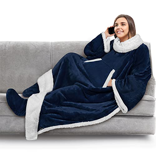 PAVILIA Sherpa Blanket with Sleeves, Foot Pockets for Women Men, Navy Blue - color: Navy, size: Sherpa