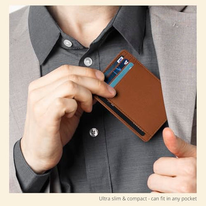 Leather Wallet for Men and Women - RFID Blocking Slim Front Pocket Holder - color: Cognac
