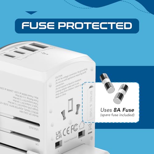 Ceptics 5 in 1 Travel Adapter Worldwide, Universal Socket, 2 USB-A + USB-C - color: White/Silk