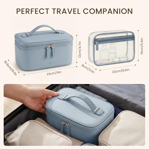 Prite 2 Pcs Makeup Bag Set Travel Cosmetic Case with Clear Toiletry Bag - color: Blue