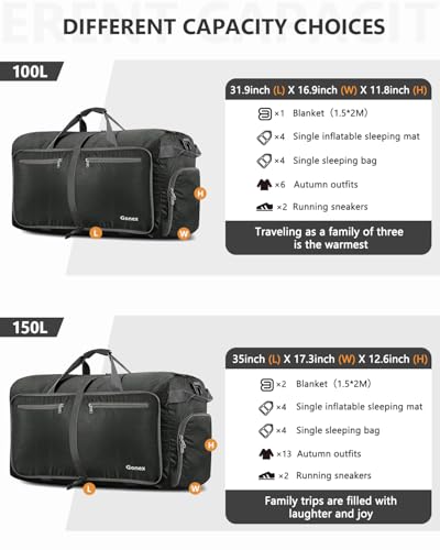 Gonex 150L Foldable Travel Duffle Bag with Shoe Compartment, Lightweight - color: Gray, size: 150L