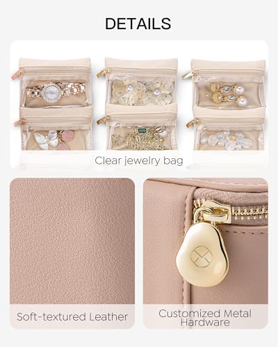 VLANDO Jewelry Boxes for Women with 6 Clear Velvet Zipper Pouches,Khaki - color: B.6 PCS Khaki