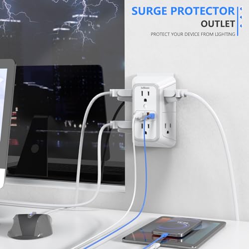 2 Pack Outlet Extender Surge Protector, 6 Outlet Splitter with 4 USB Outlet (2 USB A,2 USB C), 3Sided Power Strip with Adapter Spaced Outlets for Home, Office, Travel(White)-ETL - color: White 2 Pack