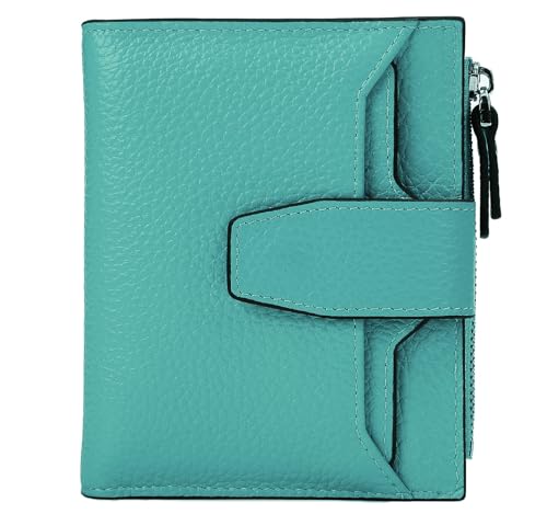 Women's RFID Blocking Leather Small Compact Bi-fold Zipper Pocket Wallet Card Case Purse with id Window - color: Lichee Sky Blue