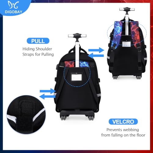 DIGOBAY Rolling Backpack for Boys, 3PCS Luminous Gamer Roller Backpack Set - color: Redblue