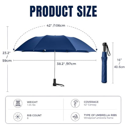 Collapsible Windproof Umbrella Travel - 42inch Auto Open & Manual Close - color: 02.Dark Blue