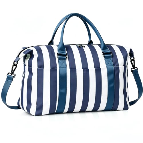 Travel Duffle Bag for Women, Carry On Weekender Tote with Trolley Sleeve - color: Navy Blue White