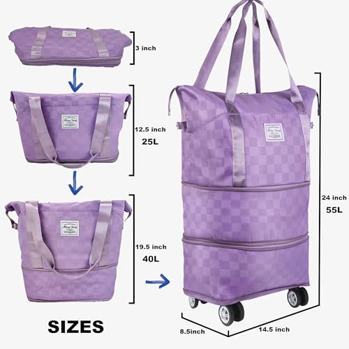 Expandable duffel bag,carry-on large bag with wheels(PURPLE Check) - color: PURPLE