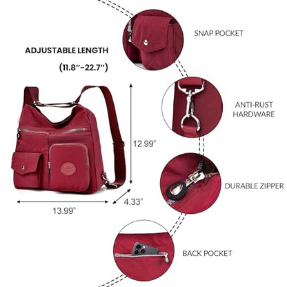Hobo Purse for Women, Nylon Crossbody Shoulder Handbag Convertible Backpack - color: Red