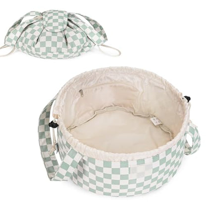 Narwey Lay Flat Drawstring Makeup Bag, Travel Toiletry Cosmetic Bag Women - color: Z-Mint Green Checkerboard