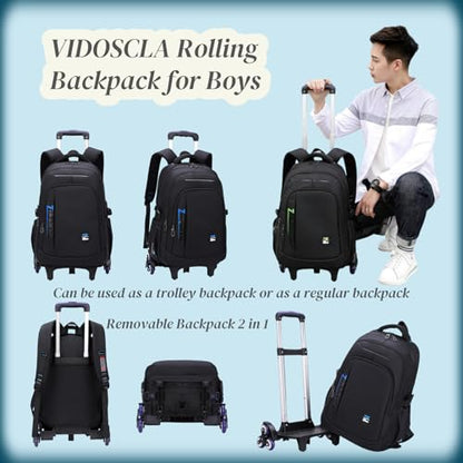VIDOSCLA Black Kids Boys Rolling Backpack Teens Carry-on Luggage with Wheels Trolly BookBag for School-2 Wheels - color: A1# Black-2 Wheels, style: A1# 2 Wheels