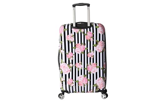 Betsey Johnson 26 Inch Checked Luggage Collection - Expandable Scratch Resistant (ABS + PC) Hardside Suitcase - Designer Lightweight Bag with 8-Rolling Spinner Wheels (Stripe Roses) - color: Stripe Roses