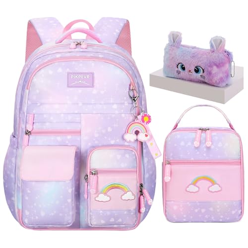 Jcobvig 3Pcs Girls Rainbow School Backpack with Lunch Bag for Elementary - color: Purple, size: Large