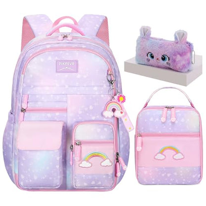 Jcobvig 3Pcs Girls Rainbow School Backpack with Lunch Bag for Elementary - color: Purple, size: Large