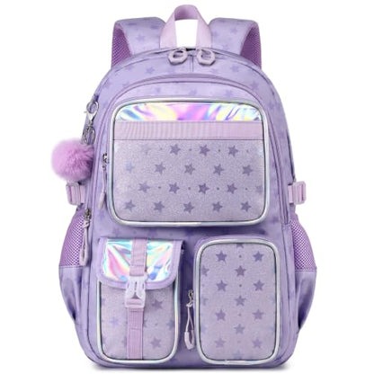 Kimwadalh Glitter Backpack with Plush Pendants for School Girls - color: Bling Star Purple