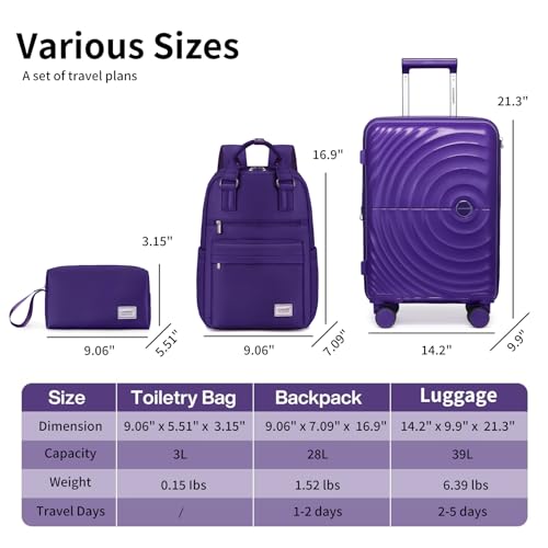 LARVENDER Expandable Carry On 3 Piece Luggage Set with Backpack 20 Inch - color: Grape Purple, style: 3 Piece Sets